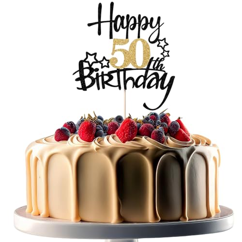 JEKUGOT Kuchendekoration zum 50. Geburtstag, Schwarz und Gold, Glitzer, Kuchendekorationen zum 50. Geburtstag, für Männer und Frauen, Motto-Party (1 Stück) von JEKUGOT