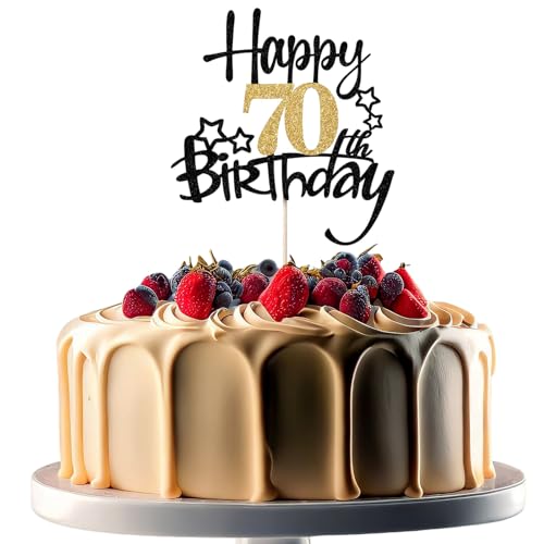 JEKUGOT Kuchendekoration zum 70. Geburtstag, Schwarz und Gold, Glitzer, Kuchendekorationen zum 70. Geburtstag, für Männer und Frauen, Motto-Party (1 Stück) von JEKUGOT