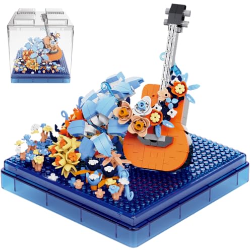 JEMPET Blumenstrauß-Bauspielzeug-Set – Mini-Baustein-Baustein-Set – Musikinstrumente, Blumen, botanische Sammlung, ewig dekorierte Blume mit Staubschutzhülle (Guitar Model) von JEMPET