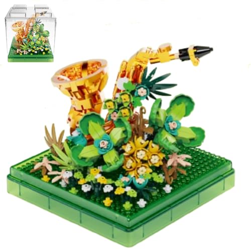 JEMPET Blumenstrauß-Bauspielzeug-Set – Mini-Baustein-Baustein-Set – Musikinstrumente, Blumen, botanische Sammlung, ewig dekorierte Blume mit Staubschutzhülle (Sax Model) von JEMPET