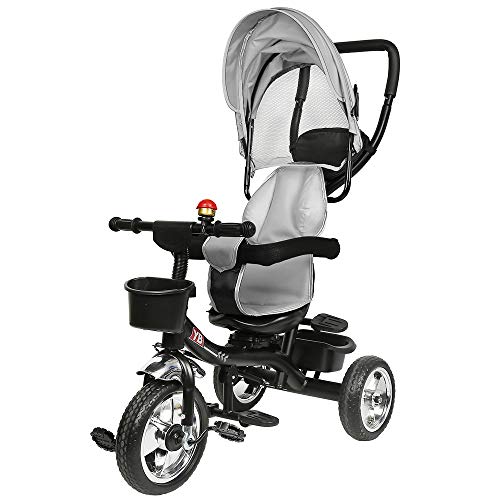 JEOBEST 4 in 1 Dreirad Kinderwagen für Kinder, Dreirad mit Haltegriff, Dreirad mit Schiebegriff Fahrrad mit Glocke, grau von JEOBEST