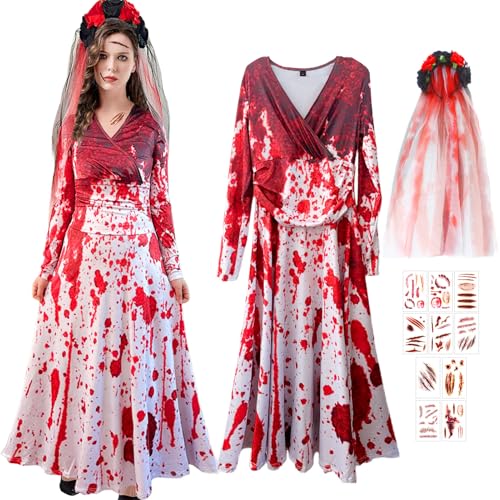 JEONDFG Halloween Kleidung mit Blutigem Aufdruck,Zombie Braut Kostüm Damen Outfit mit Blumenkranz,Gruselig Blutige Zombie Braut Kostüm,Zombie Kostüm Damen für Halloween Karneval von JEONDFG