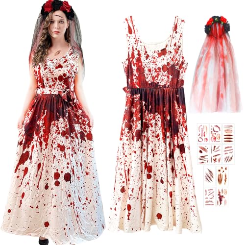 Halloween Kleidung mit Blutigem Aufdruck,Zombie Braut Kostüm Damen Outfit mit Blumenkranz,Kostüm Damen Zombie Horror,Gruselig Blutige Zombie Braut Kostüm,Zombie Kostüm Damen für Halloween Karneval Halloween Kleidung mit Blutigem Aufdruck,Zombie Braut Kostüm Damen Outfit mit Blumenkranz,Kostüm Damen Zombie Horror,Gruselig Blutige Zombie Braut Kostüm,Zombie Kostüm Damen für Halloween Karneval von JEONDFG