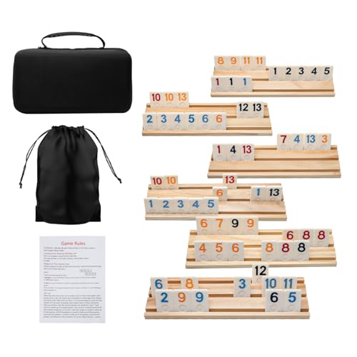 JEVERGN Rummy Cube Game 6 Player Edition, 160 Fliesen Rommé-Spiel mit 6 Holzregalen, Reise-Rommé-Spiel-Set mit tragbarer Hülle, Fit für Familien-Klassiker Brettspiele von JEVERGN