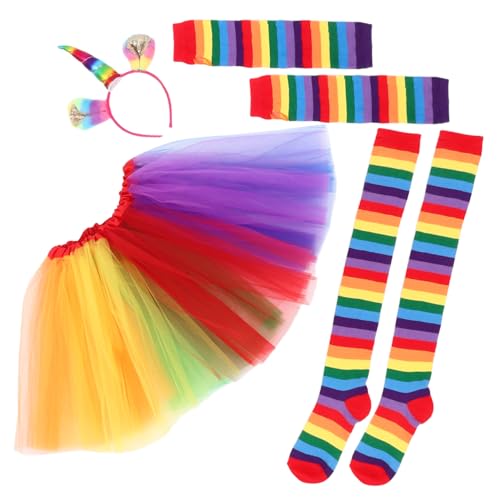 JEWEDECO Regenbogen Tutu Anzug Für Damen Mehrlagiger Tüllrock Für Partys Fotografie Und Karneval Inkl Handschuhe Socken Und Haarband 1 Rock + Handschuhe + Socken + 1 von JEWEDECO