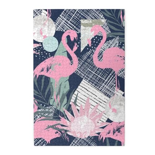 Pinker Flamingo und Blätter, exquisites Puzzle, Holzpuzzle in Box, 1000 Teile von JEWOSS