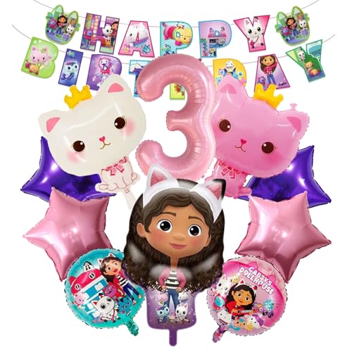 Cartoon themed Mädchen Luftballons Geburtstag Deko，Geburtstagsdeko Mädchen 3 Jahr, Rosa Latexballon, Luftballon Katze Party Dekoration, Banner, Für Kindergeburtstag Party Ballons Supplies Deko von JEXHBFD