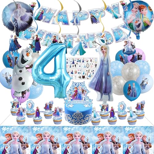Geburtstagsdeko, 45 Stück geburtstagsparty deko Set, Geburtstagsparty deko 4 jahre, Cake Topper, Tattoo Kinder, Ballon, Tischdecke, Swirl Decoration, Geburtstag Banner Kit von JEXHBFD