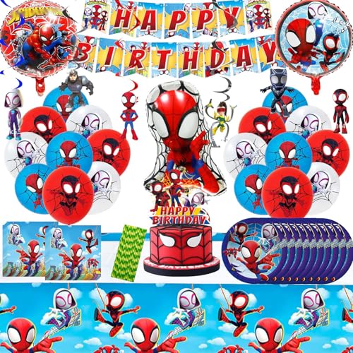 Jungen Geburtstags deko, 85 Stück Kinder geburtstag Deko set, Enthält Banner, Folien Luftballons, Tortenaufsatz, Swirl Decoration, Tischdecke, Teller, Servietten, Helden-Geburtstagsdekorationen von JEXHBFD