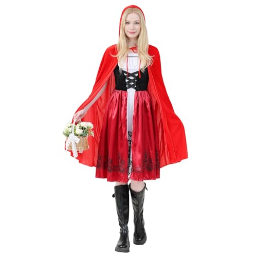 JFDSA Rotkäppchen-Kostüm für Damen, Halloween- und Party-Kostüme, roter Umhang mit Kapuze, Cosplay-Outfit, Rot/Ausflug, einfarbig (Getaway Solids), M von JFDSA