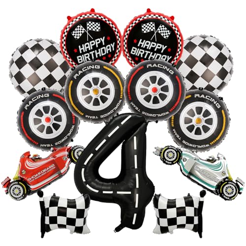 Auto-Dekorationen zum 4. Geburtstag – 13 Stück Auto-Party-Luftballons mit Zahl 4, karierte Flagge, Rennen, Folienballon, rote Räder, Dekoration, Zubehör für 4 Jahre alte Jungen, Kindergeburtstag von JGIIIJLP