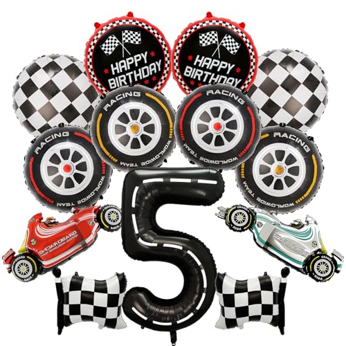 Auto-Dekorationen zum 5. Geburtstag – 13 Stück Rennwagen-Party-Ballonzubehör Nummer 5 karierte Flaggenräder, Folienballons, Dekoration für 5 Jahre alte Jungen, Kindergeburtstag, Motto-Party-Dekoration von JGIIIJLP