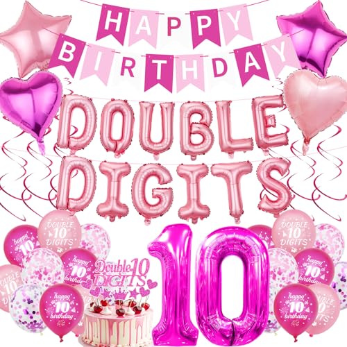 Ballon-Set zum 10. Geburtstag – 53 Stück rosa Rose, doppelstellig, Banner, Zahlenballon, Stern, Herz, hängende Wirbel, Kuchendekoration, Zubehör für 10 Jahre alte Mädchen, Kindergeburtstagsparty Ballon-Set zum 10. Geburtstag – 53 Stück rosa Rose, doppelstellig, Banner, Zahlenballon, Stern, Herz, hängende Wirbel, Kuchendekoration, Zubehör für 10 Jahre alte Mädchen, Kindergeburtstagsparty von JGIIIJLP