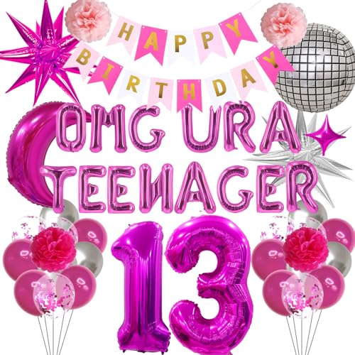 Ballon-Set zum 13. Geburtstag, 51 Stück, Hot Pink, Omg Ur A Teenager, Ballonbanner, explodierender Stern, Mond, Discokugel, Pompon, Blumen, für 13 Jahre alte Mädchen, Geburtstagsparty-Dekoration von JGIIIJLP
