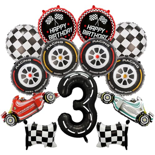Dekoration zum 3. Geburtstag des Rennwagens – 13 Stück Auto-Party-Luftballons mit Zahl 3, karierte Flagge, Rennen, Folienballon, roter Reifen, Dekoration, Zubehör für Jungen und Kinder, Happy Birthday von JGIIIJLP