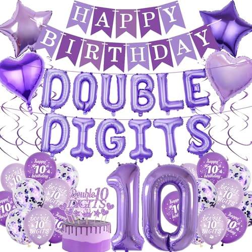 Dekorationen zum 10. Geburtstag, Banner-Luftballons, 53 Stück, violett, doppelstellig, Banner, Zahlenballon, Stern, Herz, hängende Wirbel, Kuchendekoration, Zubehör für 10 Jahre alte Mädchen Jungen Dekorationen zum 10. Geburtstag, Banner-Luftballons, 53 Stück, violett, doppelstellig, Banner, Zahlenballon, Stern, Herz, hängende Wirbel, Kuchendekoration, Zubehör für 10 Jahre alte Mädchen Jungen von JGIIIJLP