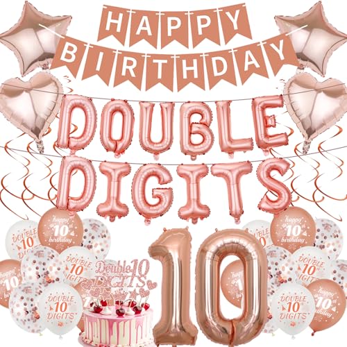 Dekorationen zum 10. Geburtstag, Luftballons, Banner – 53 Stück, rotgoldene, doppelstellige Zahlenballon-Banner, Stern-Herz, hängende Wirbel, Kuchendekoration, Zubehör für 10 Jahre alte Mädchen Dekorationen zum 10. Geburtstag, Luftballons, Banner – 53 Stück, rotgoldene, doppelstellige Zahlenballon-Banner, Stern-Herz, hängende Wirbel, Kuchendekoration, Zubehör für 10 Jahre alte Mädchen von JGIIIJLP