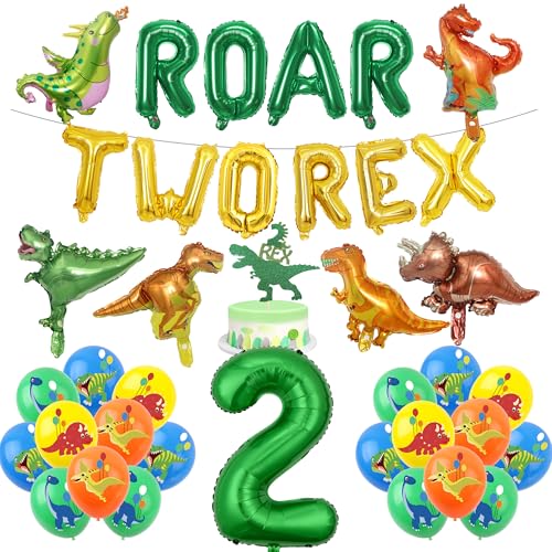 Dinosaurier 2. Geburtstag Party Dekorationen - 38 Stück Dinosaurier Ballon Set Brüllen Zwei Rex Buchstaben Luftballons Zahl 2 Folienballon Kuchen Topper Dschungel Dekoration für 2 Jahre alte Jungen von JGIIIJLP
