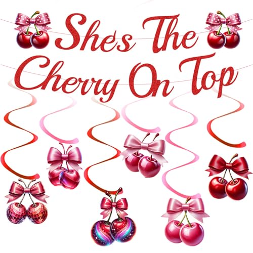 Kirsch-Geburtstags-Banner-Dekorationsset – 7 Stück, rote Kirsch-Banner, Glitzer, "She's The Cherry On Top", hängende Wirbel, Dekorationen, Zubehör für Kirsch-Thema, Geburtstagsparty, Obstdekorationen von JGIIIJLP