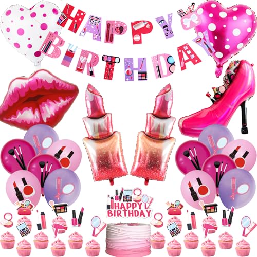 Make-up Geburtstag Party Dekoration Mädchen – 36 Stück Spa Party Banner Luftballons Kuchen Topper Lippenstift Lippen Folie Herz High Heels Ballon Zubehör für Mädchen Frauen Damen Make Up Geburtstag von JGIIIJLP