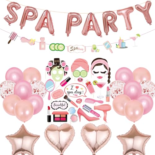 Sleepover Partyzubehör Roségold – 54 Stück Mädchen Geburtstag Spa Party Photo Booth Requisiten Luftballons Banner Stern Herz Sleepover Dekorationen für Mädchen Frauen Nacht Schlummer Make-up von JGIIIJLP