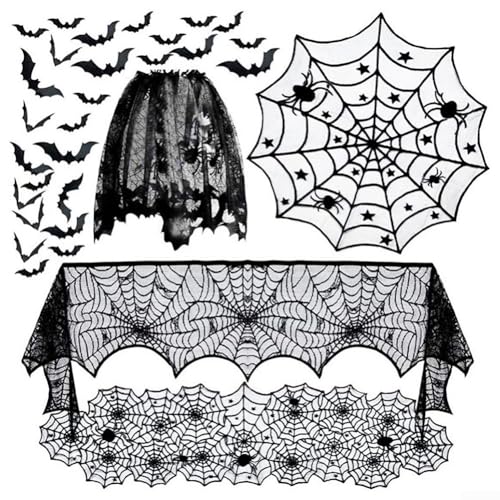 JGmotorfi Halloween Deko Spitze Tischfahnen, knitterfreie Spitze Polyester, mit 36 Fledermaus-Wandaufklebern von JGmotorfi