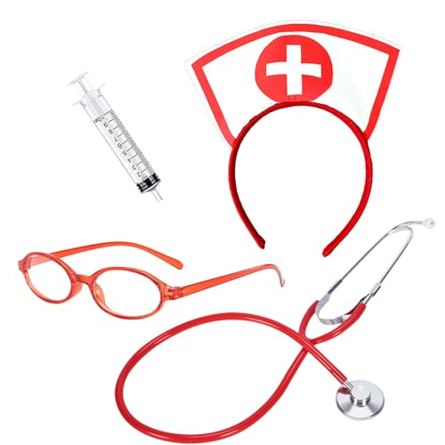 JHJEWH Halloween-Kostüm-Zubehör, 4-teiliges Krankenschwesterhut, Stirnband, Stethoskop, Spritze und Brille, roter Krankenschwesterhut, Stirnband, Cosplay, Damen-Outfit-Set für Halloween-Party-Zubehör JHJEWH Halloween-Kostüm-Zubehör, 4-teiliges Krankenschwesterhut, Stirnband, Stethoskop, Spritze und Brille, roter Krankenschwesterhut, Stirnband, Cosplay, Damen-Outfit-Set für Halloween-Party-Zubehör von JHJEWH