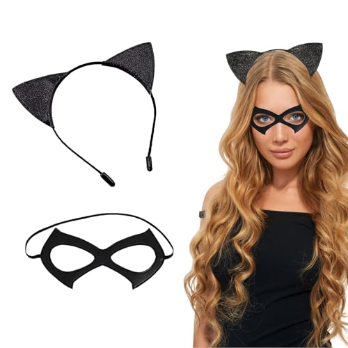 JHJEWH Katzenfrauen-Maske und Ohren-Stirnband-Set, schwarzes Katzen-Kostüm-Zubehör, Maskerade-Maske, Halloween-Kostüm-Zubehör für erwachsene Frauen JHJEWH Katzenfrauen-Maske und Ohren-Stirnband-Set, schwarzes Katzen-Kostüm-Zubehör, Maskerade-Maske, Halloween-Kostüm-Zubehör für erwachsene Frauen von JHJEWH