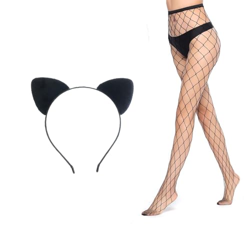 Katzenohren-Stirnband, Fischnetz, Oberschenkelhohe Strümpfe, schwarze Katze, Cosplay-Zubehör, Oberschenkelhohe Strumpfhose für Damen, Katzenkostüm-Zubehör für Halloween, Party, Cosplay und den von JHJEWH