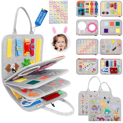 JHkim Montessori Busy Board, Baby Spielzeug ab 1 2 3 4 Jahre, Kleinkinder Activity Board, Geschenke für Junge Mädchen, Kinder Lernspielzeug Sensorik Spielzeug, Motorikbrett für Reise Auto Flugzeug von JHkim