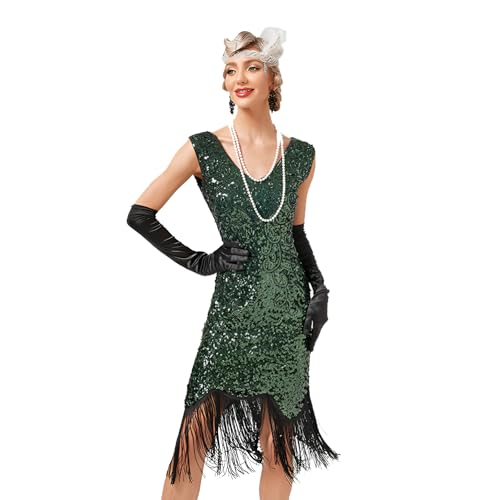 1920er Jahre Fransen Kleid 20er Jahre Gatsby Kleid Kostüm Cocktailkleid Elegant 20s Abendkleid Bankett Tanzkostüm Frauen (Grün, XXL) von JIAHG