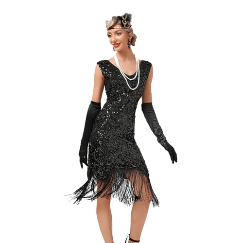 1920er Jahre Fransen Kleid 20er Jahre Gatsby Kleid Kostüm Cocktailkleid Elegant 20s Abendkleid Bankett Tanzkostüm Frauen (Schwarz, XXL) von JIAHG