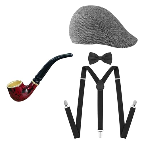 1920s Herren Kostüm Fedora Hut Fliege Y-Back Strapse Panama Newsboy 30er Jahre Manhattan Gatsby Gangster Zubehör Set, Hellgraues Barett-Set, Beret Hat(Circumference: 22.0"-23.2"/56-59cm) von JIAHG