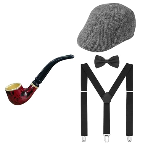 20er Jahre Herren Accessoires, 1920er Mafia Kostüm Herren, Gatsby Kostüm set, mit Gangster Panamahut Hosenträger Fliege Pfeife, für Karneval Fasching Halloween (Grau Hut Set) von JIAHG