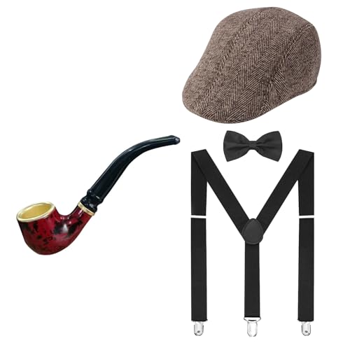 20er Jahre Herren Accessoires, 1920er Mafia Kostüm Herren, Gatsby Kostüm set, mit Gangster Panamahut Hosenträger Fliege Pfeife, für Karneval Fasching Halloween (Kaffeebraun Hut Set) von JIAHG