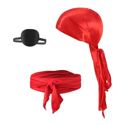 3 Stück Kinder Piratenkostüm Zubehör Set Vintage Piraten Augenklappe Pirat Kopftuch Bandana Cap Piraten Gürtel Taillengürtel Dress Up Set für Jungen Mädchen Karneval Halloween Cosplay (Rot) von JIAHG