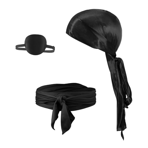 3 Stück Kinder Piratenkostüm Zubehör Set Vintage Piraten Augenklappe Pirat Kopftuch Bandana Cap Piraten Gürtel Taillengürtel Dress Up Set für Jungen Mädchen Karneval Halloween Cosplay (Schwarz) von JIAHG