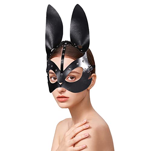 Halloween Kaninchen Maske Damen, Sexy Venezianische Maske Augenmaske, Maskerade Maske Halbgesichtsmaske, Schwarze PU Leder Halloween Catwoman Maske für Maskerade Fasching Karneval Party Christmas von JIAHG