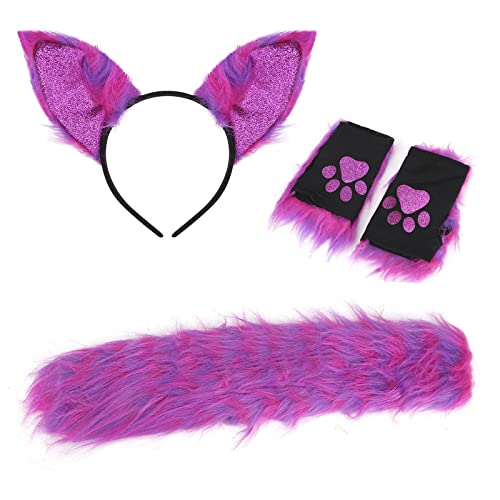 JIAHG Halloween Kostüme Plüsch Katzenohren katzenschwanz Handschuhe Cosplay Set Halloween Handschuhe Haarspange Headwear Damen Halloween Fasching Karneval Masquerade Cosplay Frauen von JIAHG