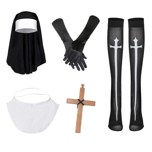 JIAHG 5 Stück Nonne Kostüm Zubehör Set Damen Nonne Cosplay Kostüme mit Kopfbedeckung Weiß Kragen Handschuhe Kreuz Anhänger Halskette Kniehohe Socken Thema Party Outfit für Halloween Rollenspiel JIAHG 5 Stück Nonne Kostüm Zubehör Set Damen Nonne Cosplay Kostüme mit Kopfbedeckung Weiß Kragen Handschuhe Kreuz Anhänger Halskette Kniehohe Socken Thema Party Outfit für Halloween Rollenspiel von JIAHG