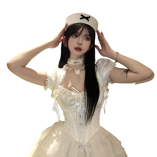 JIAHG Damen Matrosenmützen mit Schleife Navy Captain Yacht Cap Y2K Baskenmütze für Halloween Lolita Kostüm Cosplay Dress Up Party, Weiß mit Schleife, Size M : 56-58cm/22.0-22.8 inch circumference von JIAHG