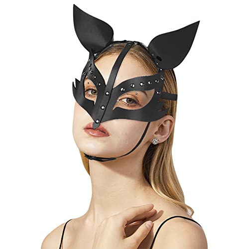 JIAHG Halloween Fuchs Maske Damen, Sexy Venezianische Maske Augenmaske, Maskerade Maske Halbgesichtsmaske, Schwarze PU Leder Halloween Catwoman Maske für Maskerade Fasching Karneval Party Christmas von JIAHG