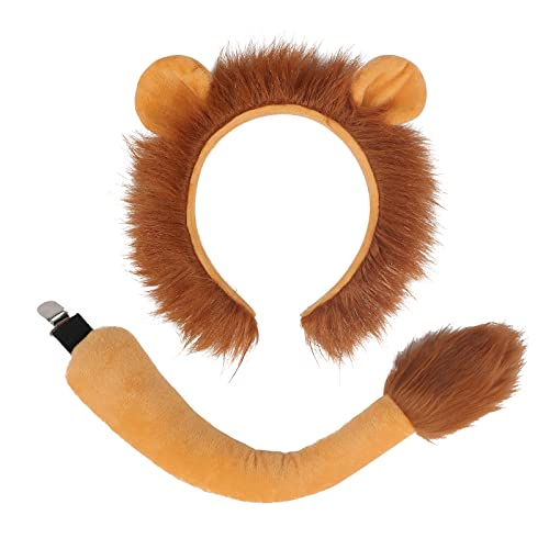 JIAHG Löwe Stirnband Schwanz Set Tier Kostüm Set Halloween Kostüme Plüsch Löweohren Löweschwanz Cosplay Set Haarreifen Löwe Tierohren Schwanz Set Haarspange Headwear Damen von JIAHG