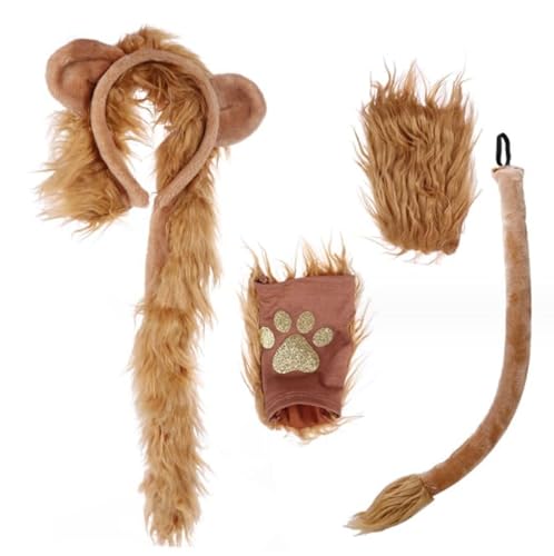 JIAHG Löwen Kostüme Set Löwen Ohren Haarreifen Schwanz und Pfoten Handschuhe Set Kinder Tierkostüm Halloween Kostüm für Kinder und Erwachsene Karneval Halloween Kindergeburtstag von JIAHG