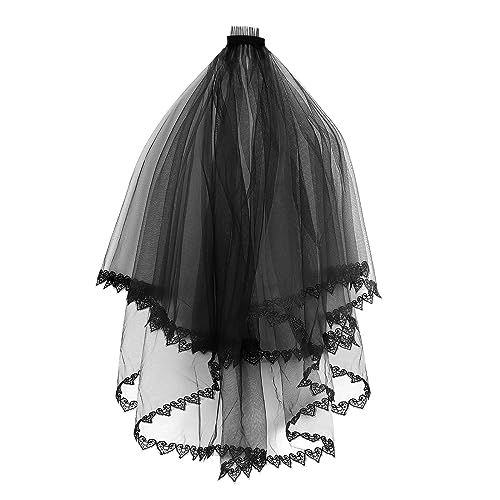 JIAHG Schwarz Halloween Schleier Spitze Witwenschleier Brautschleier Geister Haarschmuck lange Tüll Brautschleier Kopfschmuck Gothic Hexen Kostüm für Hochzeit Karneval Fasching Cosplay (60-80cm) von JIAHG