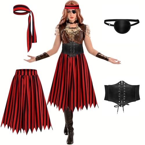 Piratenkostüm-Zubehör-Set für Damen, gestreifter Rock, mittelalterliches Korsett, Stirnband, Augenklappe für Halloween, Cosplay, Rollenspiele, Rave-Party, 4-teilig Piratenkostüm-Zubehör-Set für Damen, gestreifter Rock, mittelalterliches Korsett, Stirnband, Augenklappe für Halloween, Cosplay, Rollenspiele, Rave-Party, 4-teilig von JIAHG