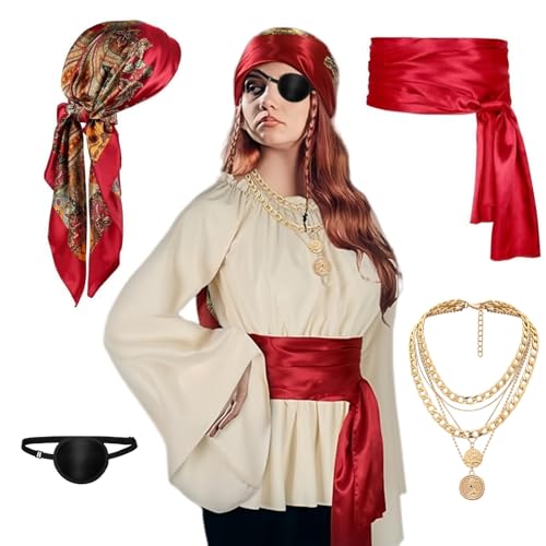 Piratenkostüm-Zubehör-Set für Damen, seidiges Blumenmuster, Bandana, Kopftuch, Schärpe, Gürtel, Halskette, Augenklappe für Halloween, Cosplay, Rollenspiele, Rave-Party, 4-teilig von JIAHG
