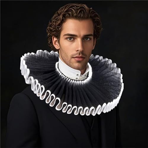 Unisex Renaissance Ruff Kragen Hals Rüschen Kragen Clown Halsbänder Elisabethan Halskrause Halskette für Hallween Karneval Cosplay Theater (Schwarz mit weißen Rändern) von JIAHG