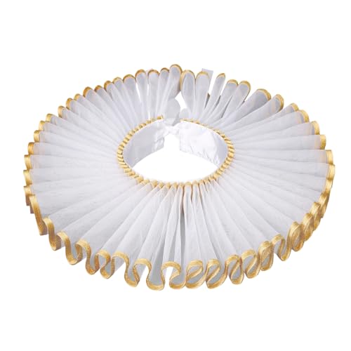 Unisex Renaissance Ruff Kragen Hals Rüschen Kragen Clown Halsbänder Elisabethan Halskrause Halskette für Hallween Karneval Cosplay Theater (Weiß mit goldenem Rand) von JIAHG