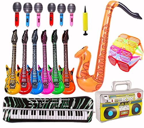 Aufblasbare Rock Star Toy Set-22 Stück aufblasbare Party Props-1 Keyboard-Piano,6 Aufblasbare Gitarre für Kinder,6 Mikrofone,6 Shutter Shading Gläser,1 Saxophon 1 aufblasbarem Radio, 1 Pumpe. von JIAJIAYI